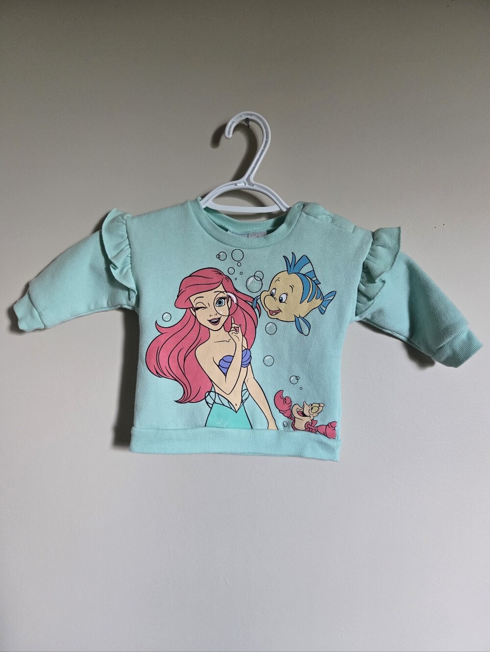 Disney 12M Princess Ariel & Flounder Little Mermaid Ruffle Teal Sweater